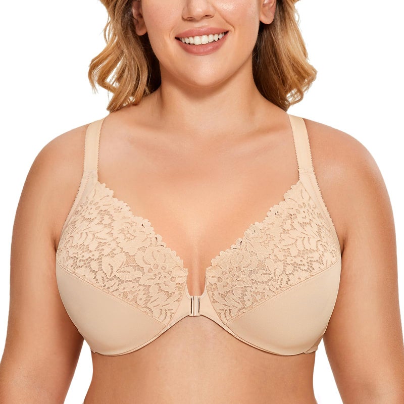 DELIMIRA Women's Front Closure Plus Size Full Coverage Lace Underwire Racerback Bra Beige 46DD - Image 1
